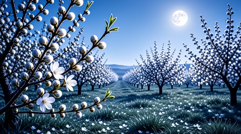 Rows of white flowering trees stand in a wide field with a luminous sun shining in the blue sky above.