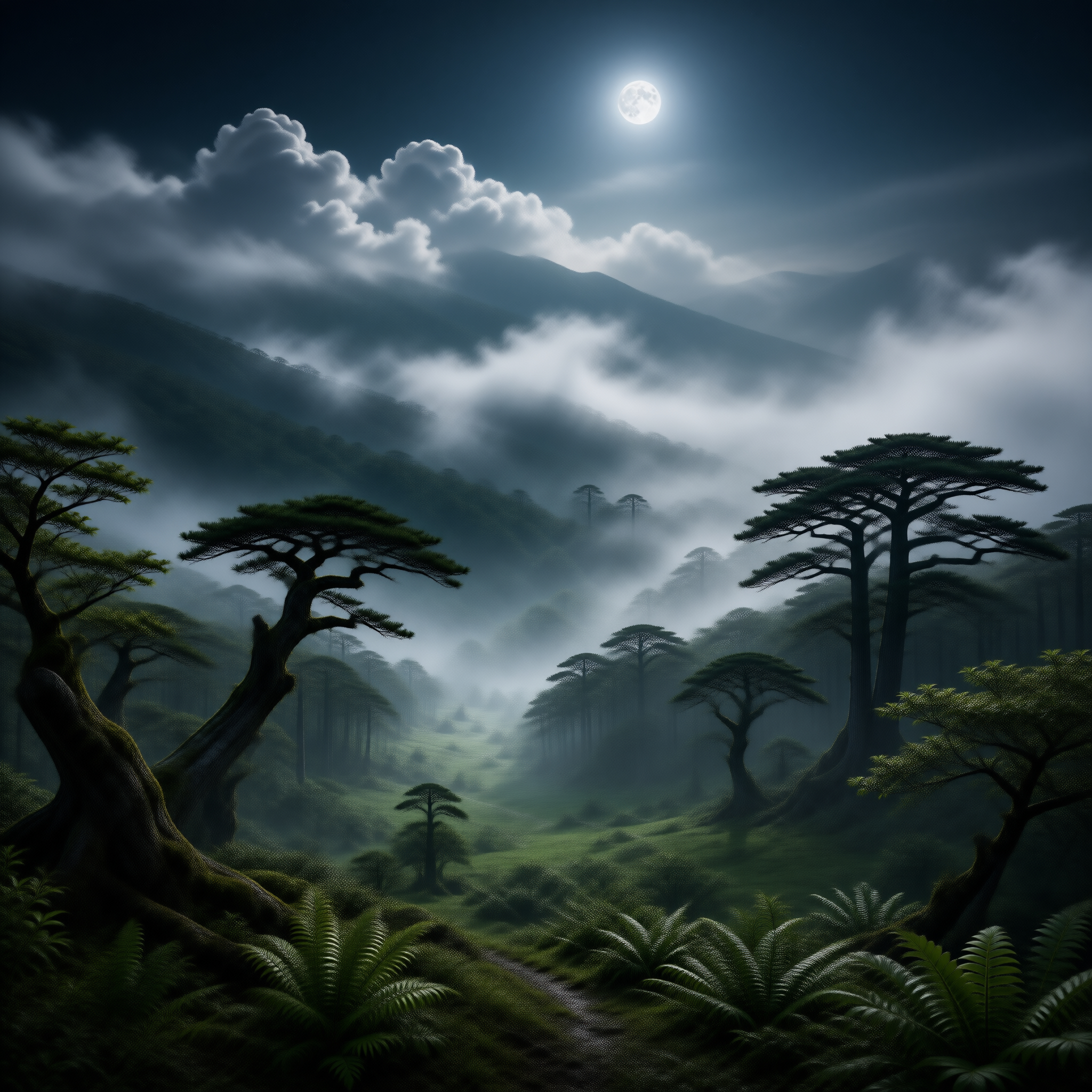 Moonlit Misty Pine Valley Landscape