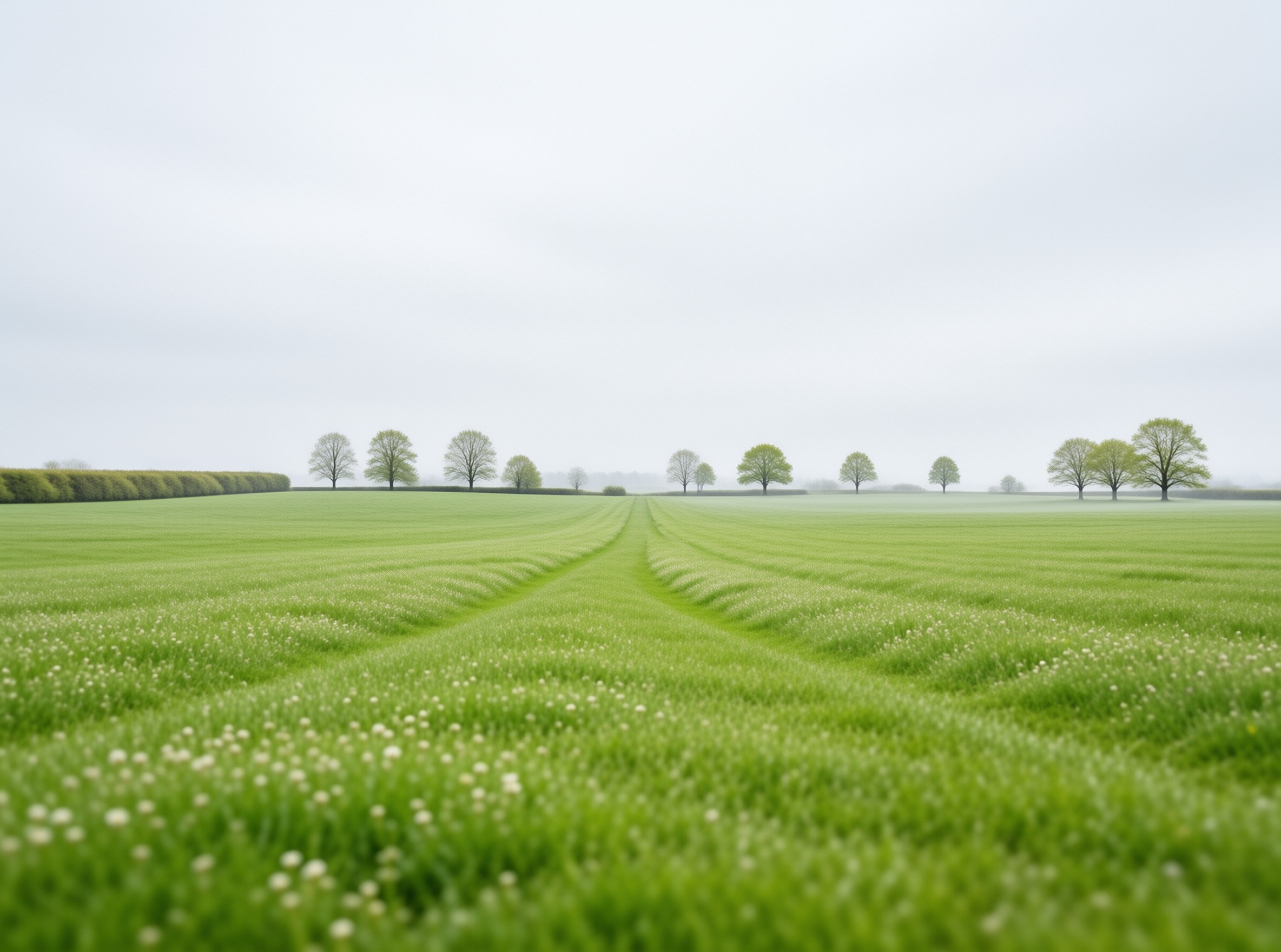 A lush green farm field dotted with small white wildflowers leads toward scattered trees in pale foggy distance