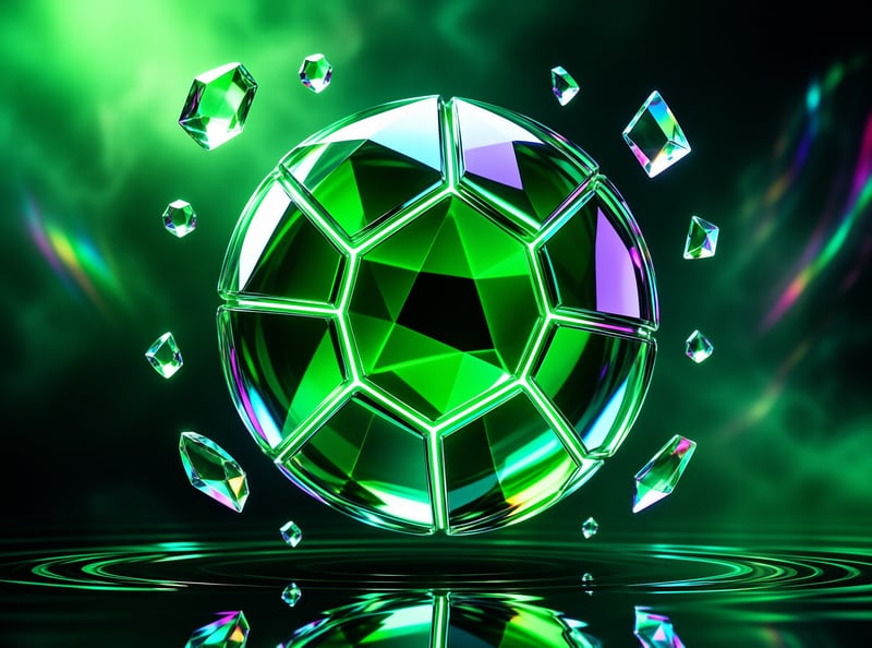 A large faceted green crystal ball floats above a dark rippling surface with smaller glowing diamond shards.
