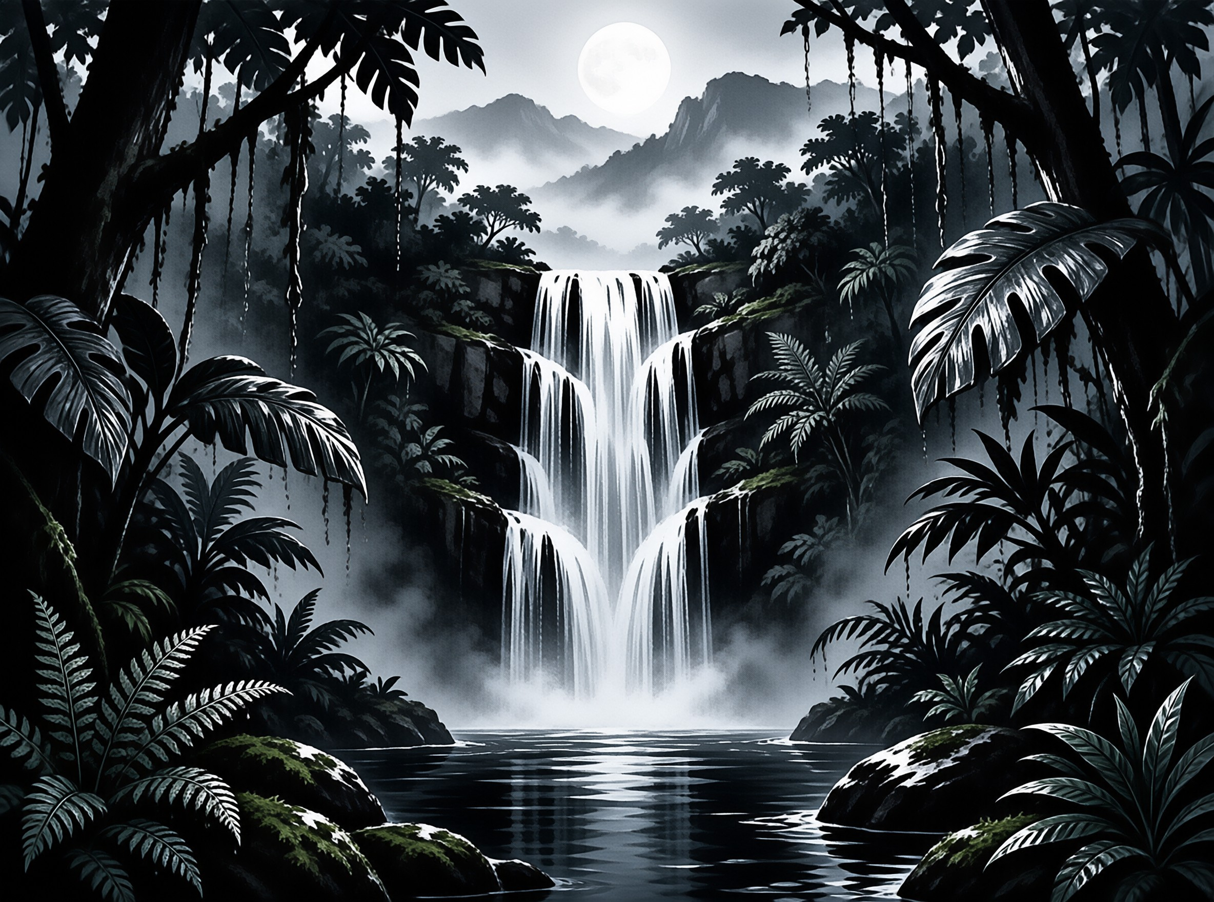 A pale waterfall tumbles through a misty monochrome jungle of dark ferns and palms beneath a glowing full moon