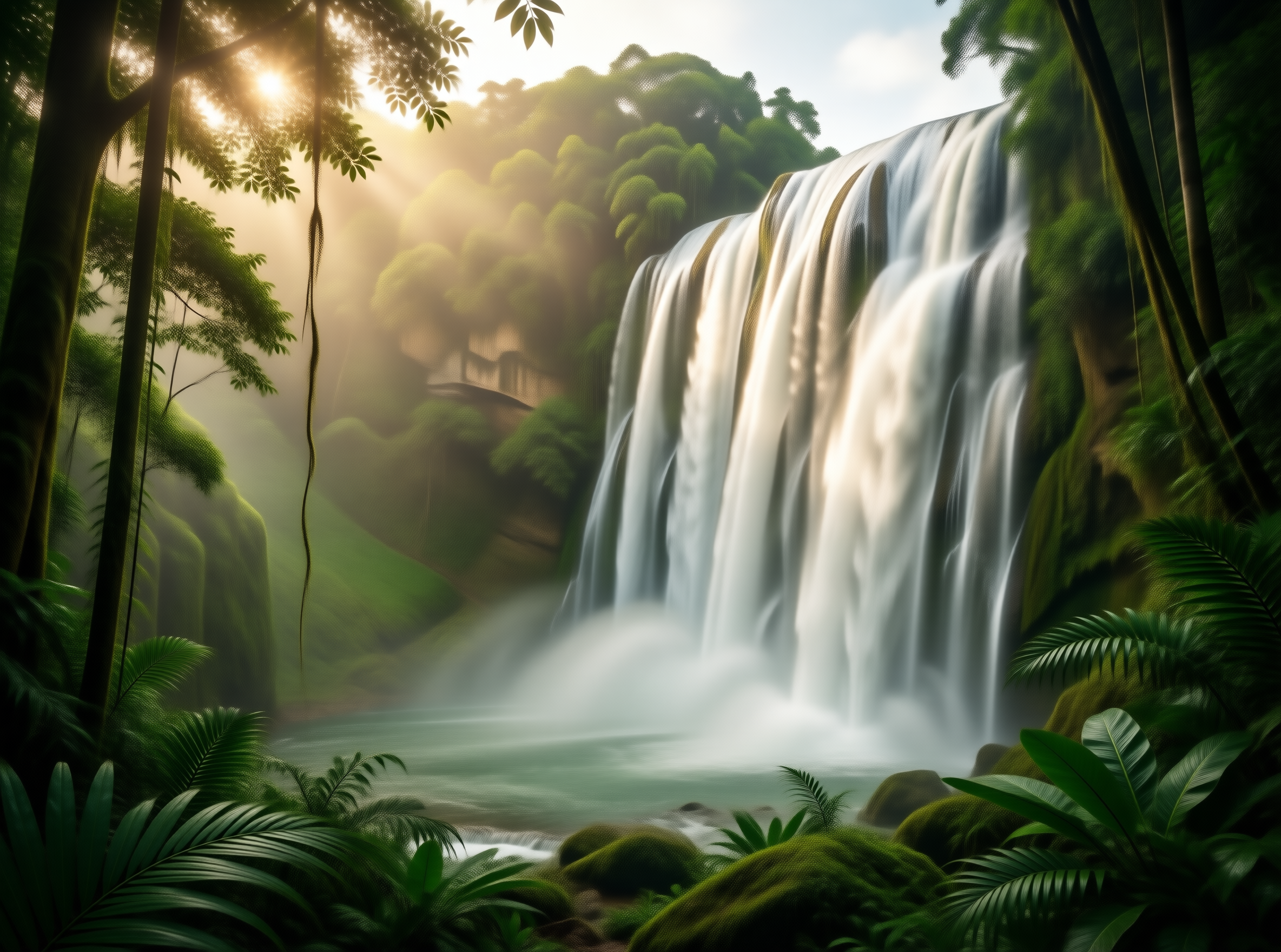 Sunlit Jungle Waterfall