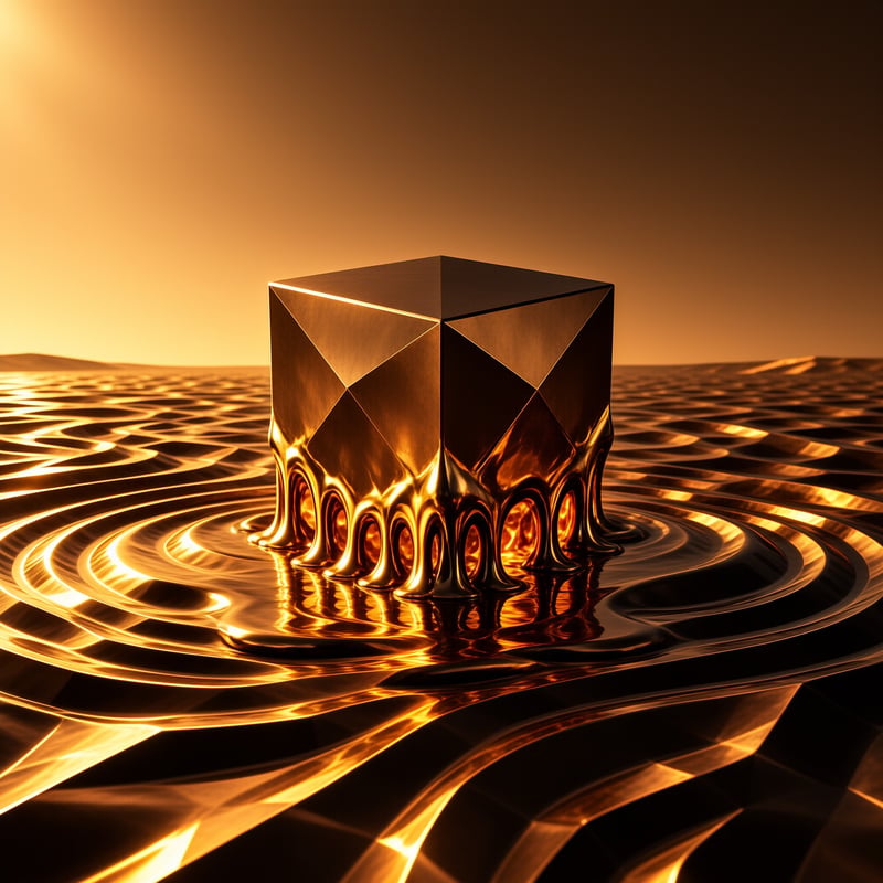 A faceted golden object drips downward into a rippling metallic landscape under warm lighting.