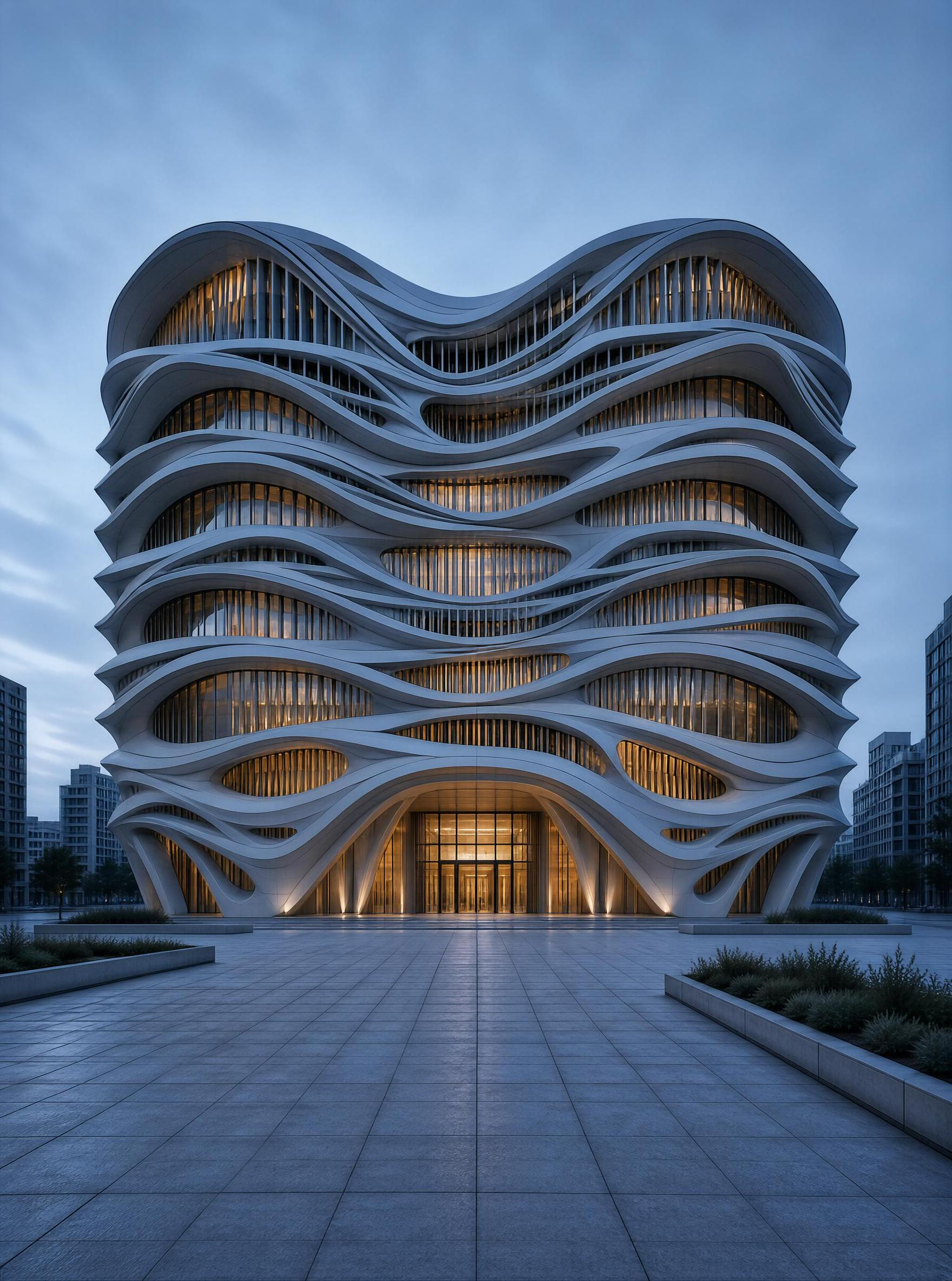 Wavy Modern Building at Dusk