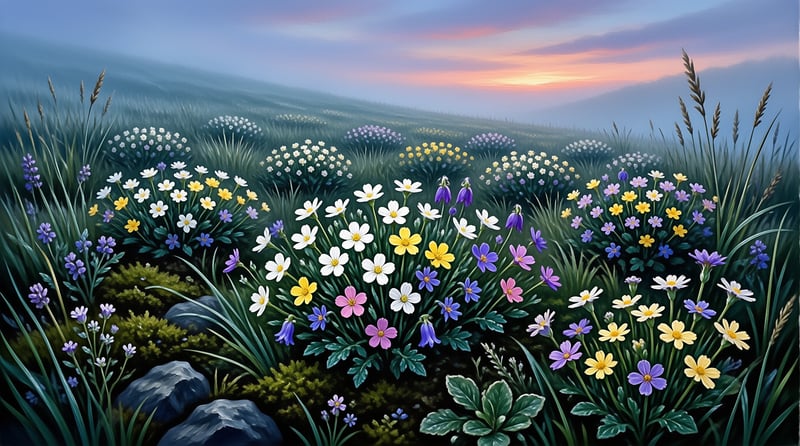 Clusters of colorful wildflowers bloom across a grassy hillside as a soft sunset tints the distant hills.