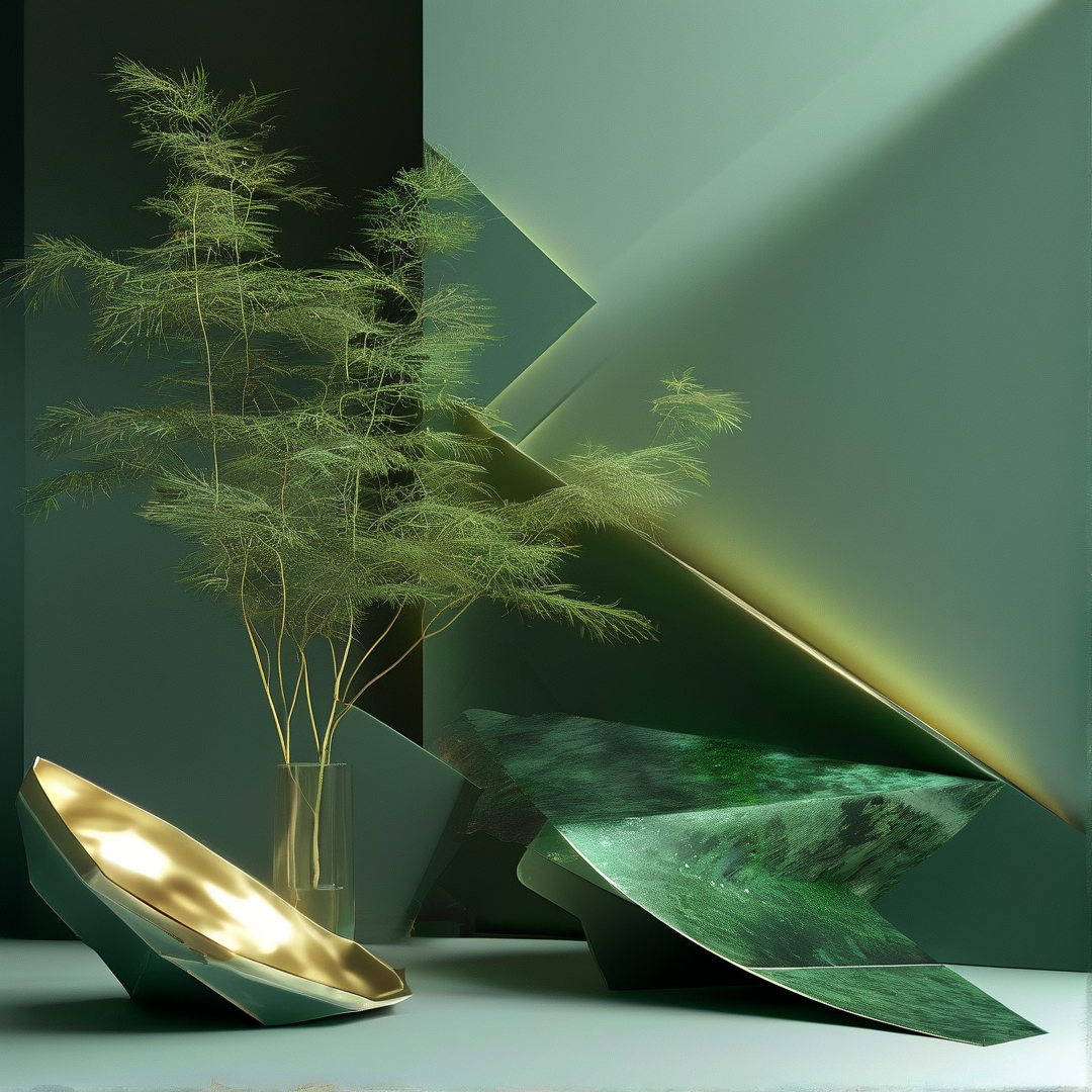 Glass vase with ferns beside abstract golden and green geometric sculptures in a soft lit space