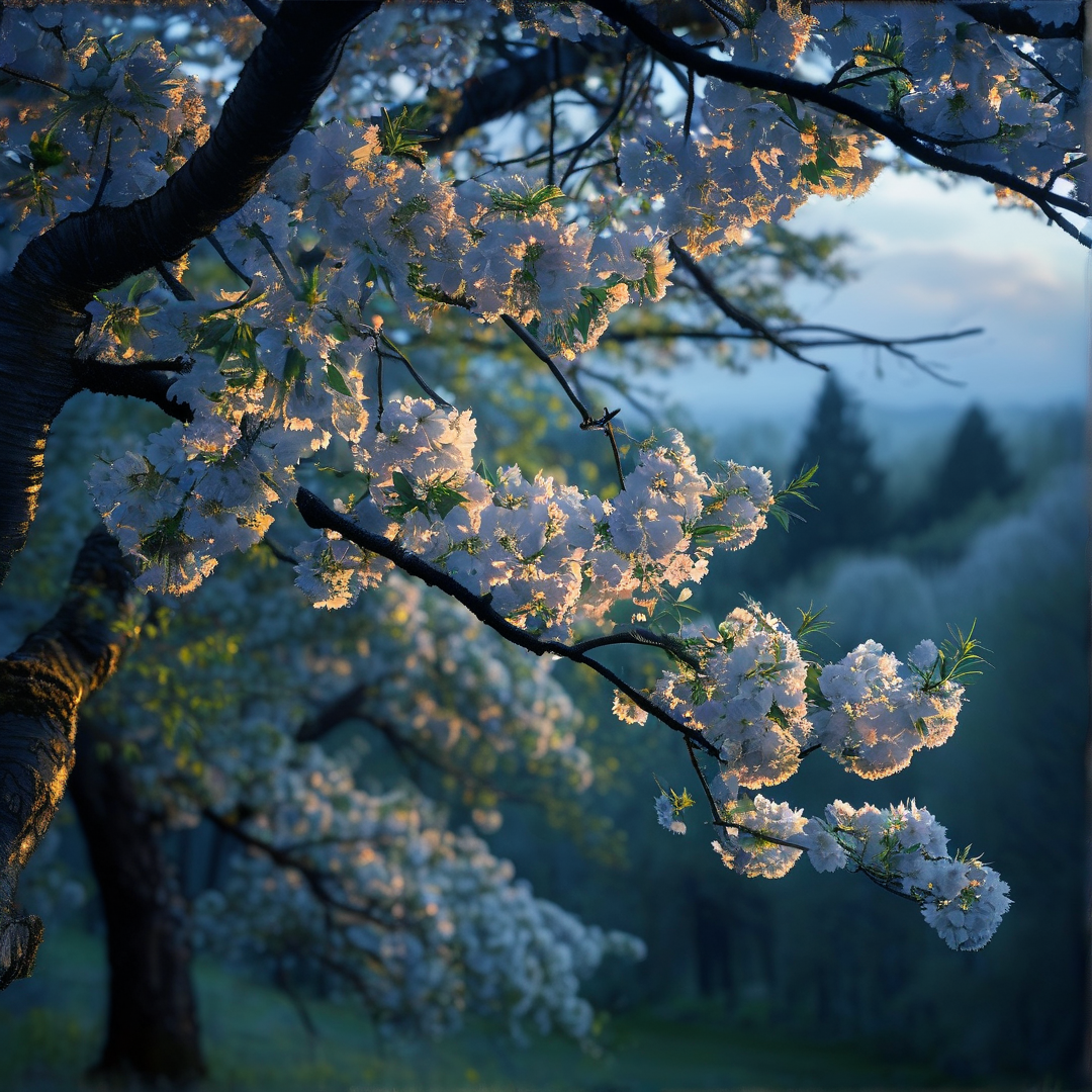 Pale cherry blossoms cluster on rough dark branches, lit by warm dawn sun against a hazy background of misty forested slopes.