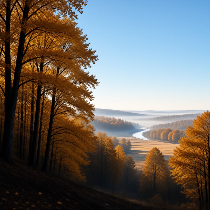 Tall trees with yellow leaves overlook a winding river surrounded by low fog and distant hills under a clear sky.