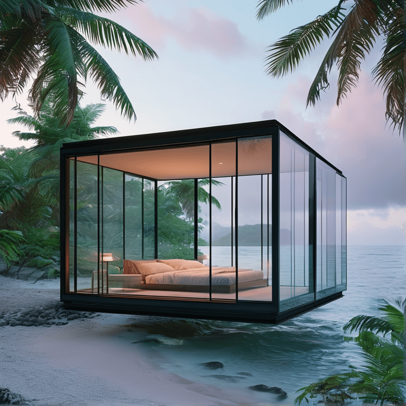 A transparent structure houses a bed while hovering over calm waters near sandy shores under a pastel sky.