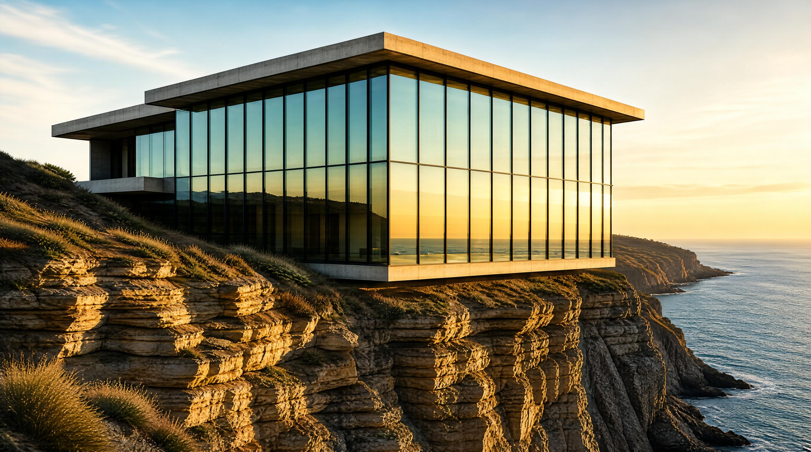 Glass House on Cliff at Sunset