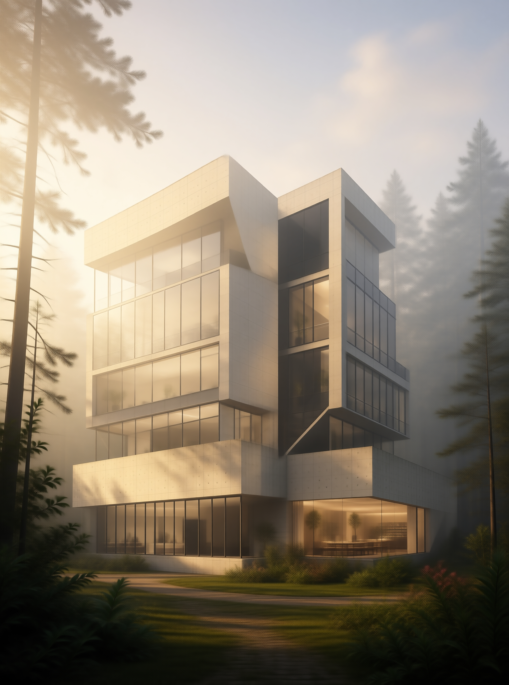 Modern Building in Misty Forest