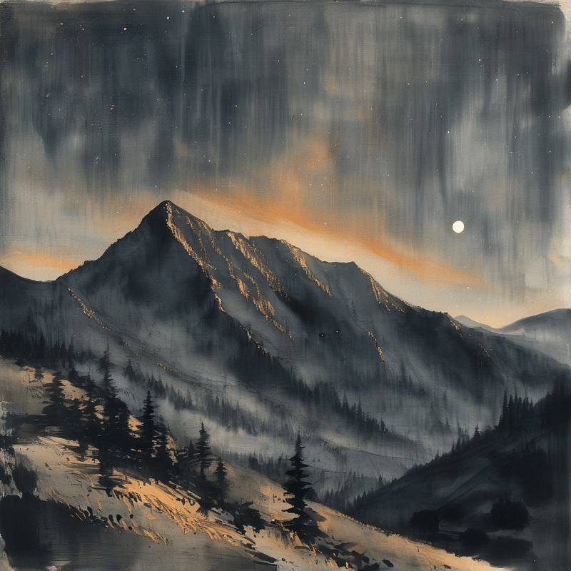 A rugged mountain peak glows orange along its ridges while a bright moon hangs in the dark sky above forested terrain.
