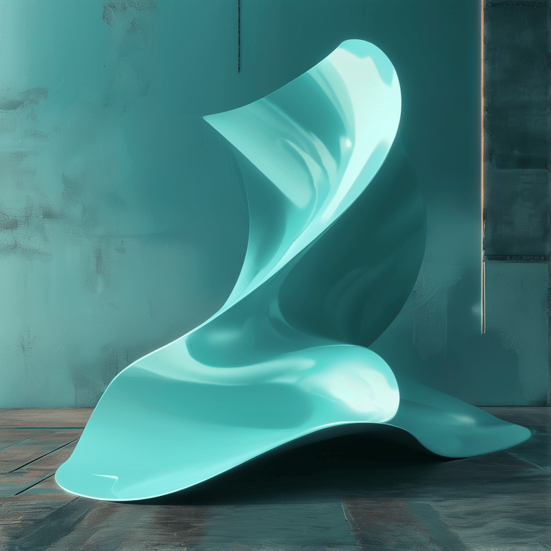 A smooth glossy mint green abstract form curves upward like frozen liquid against a muted teal backdrop.