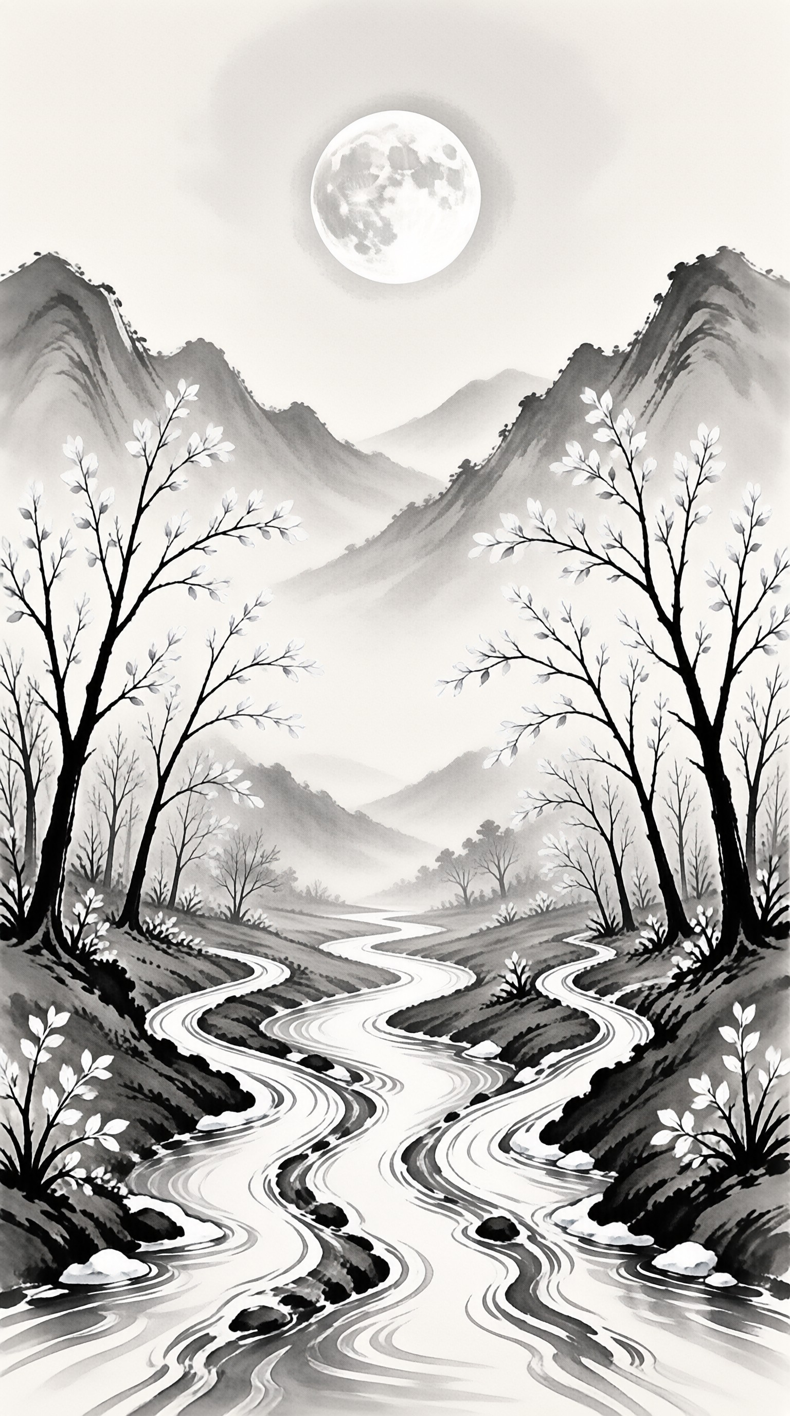 A black and white landscape depicting a winding river passing through trees under a bright moon.