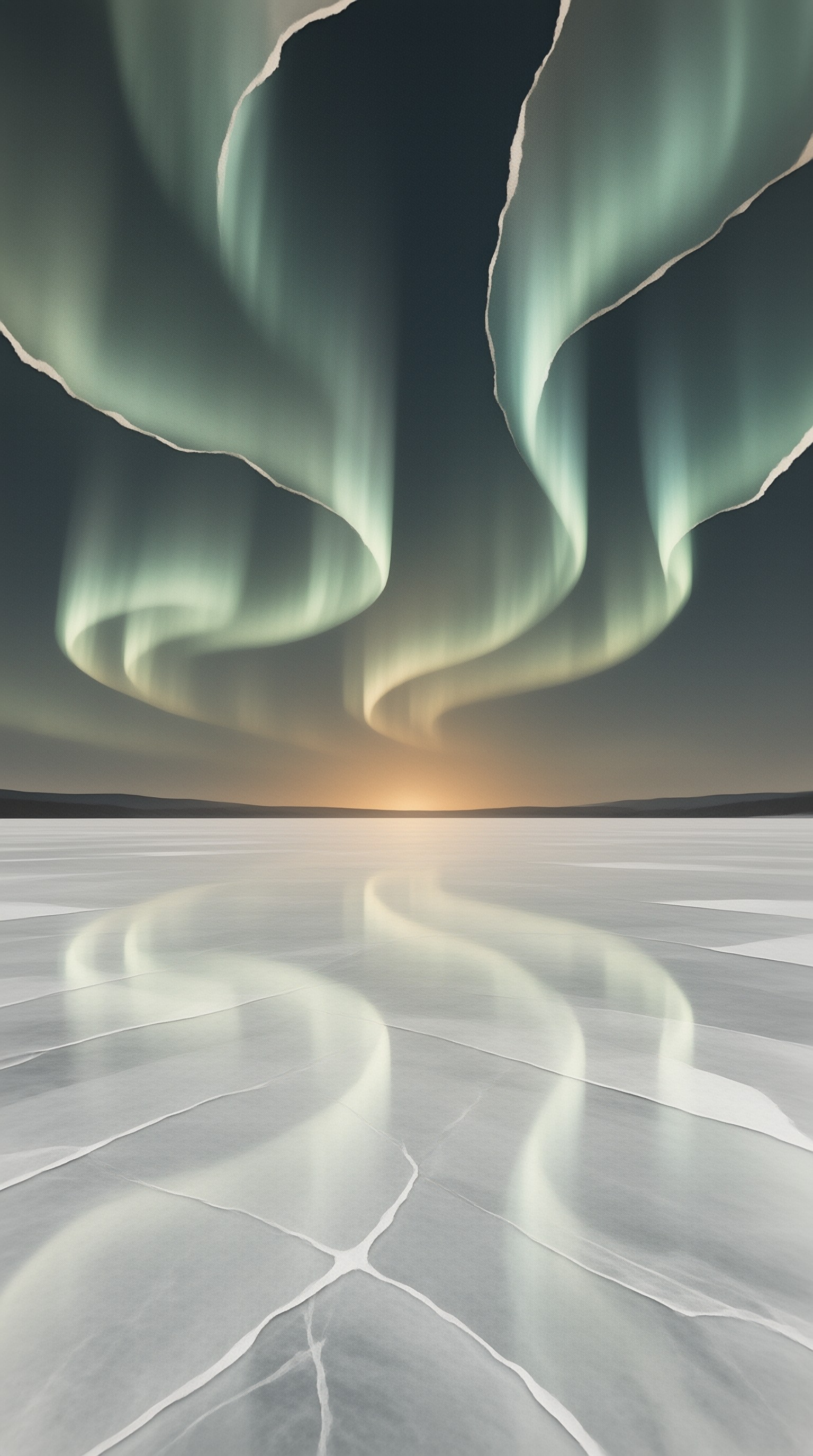 Still water on a salt flat reflects a vivid green aurora curving across the dark sky above distant hills