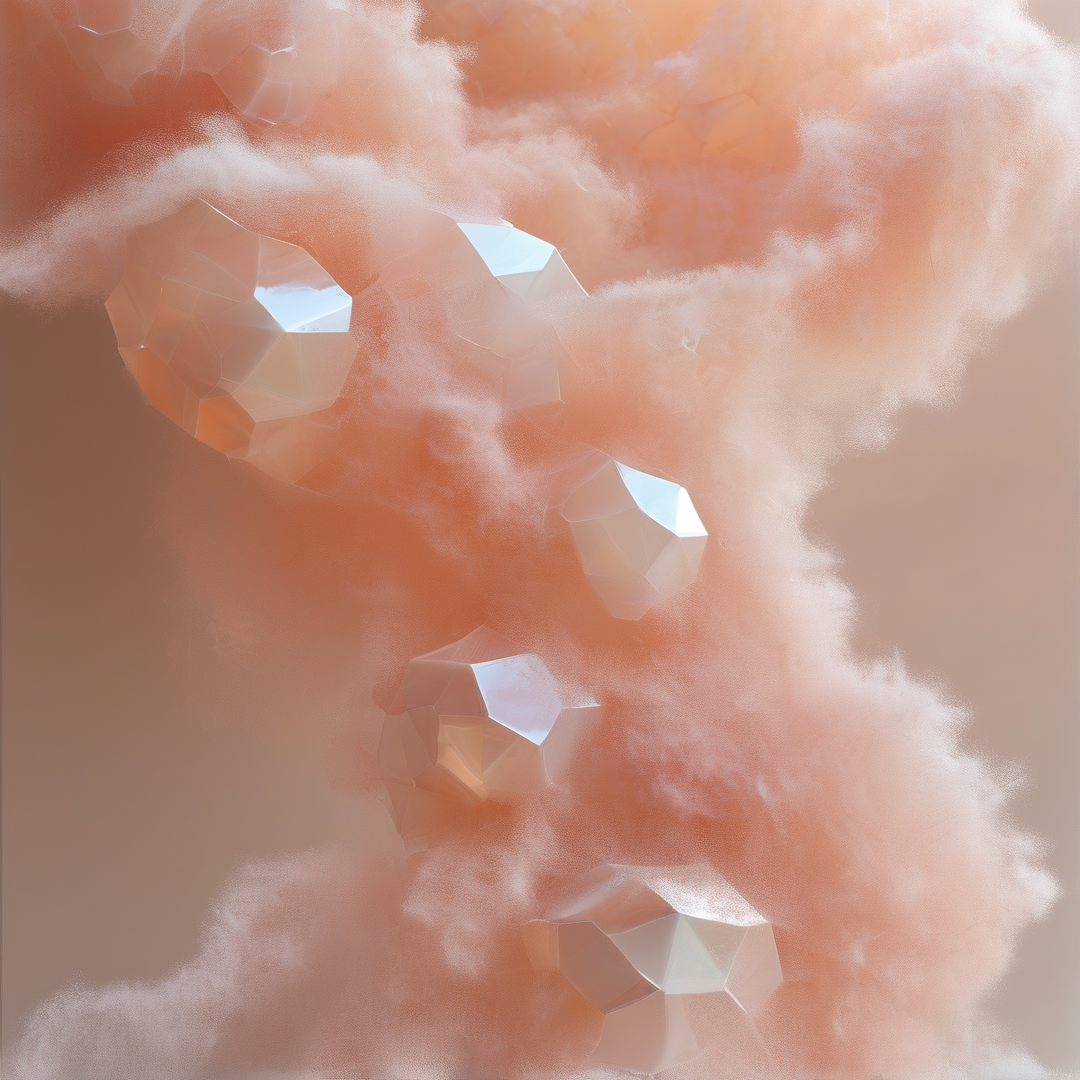 Faceted geometric stones float vertically within a soft expanse of salmon-colored clouds illuminated by gentle diffused light.