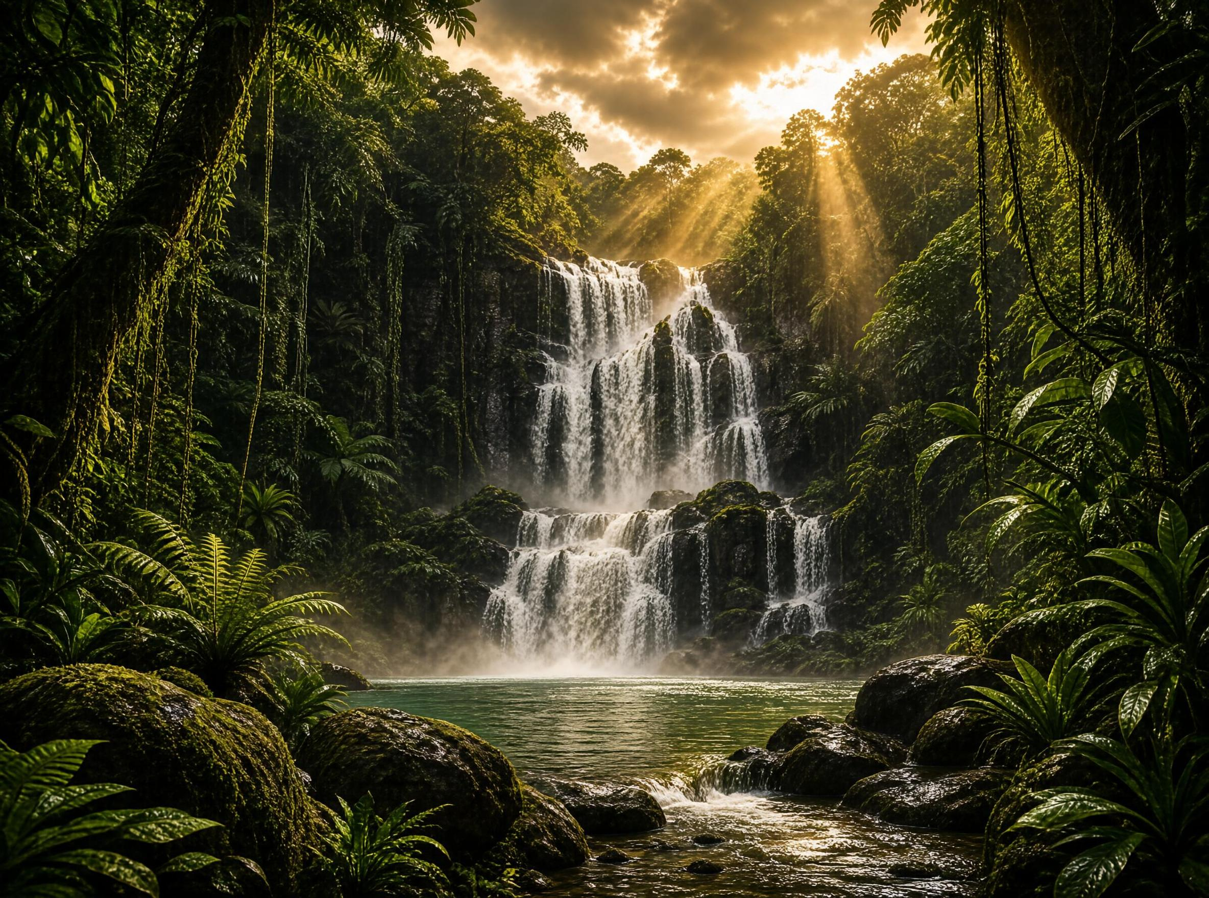 Sunlit Jungle Waterfall