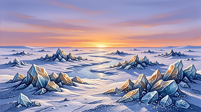 Jagged blue ice formations stand in a vast snowy field under a sky glowing with sunset colors.