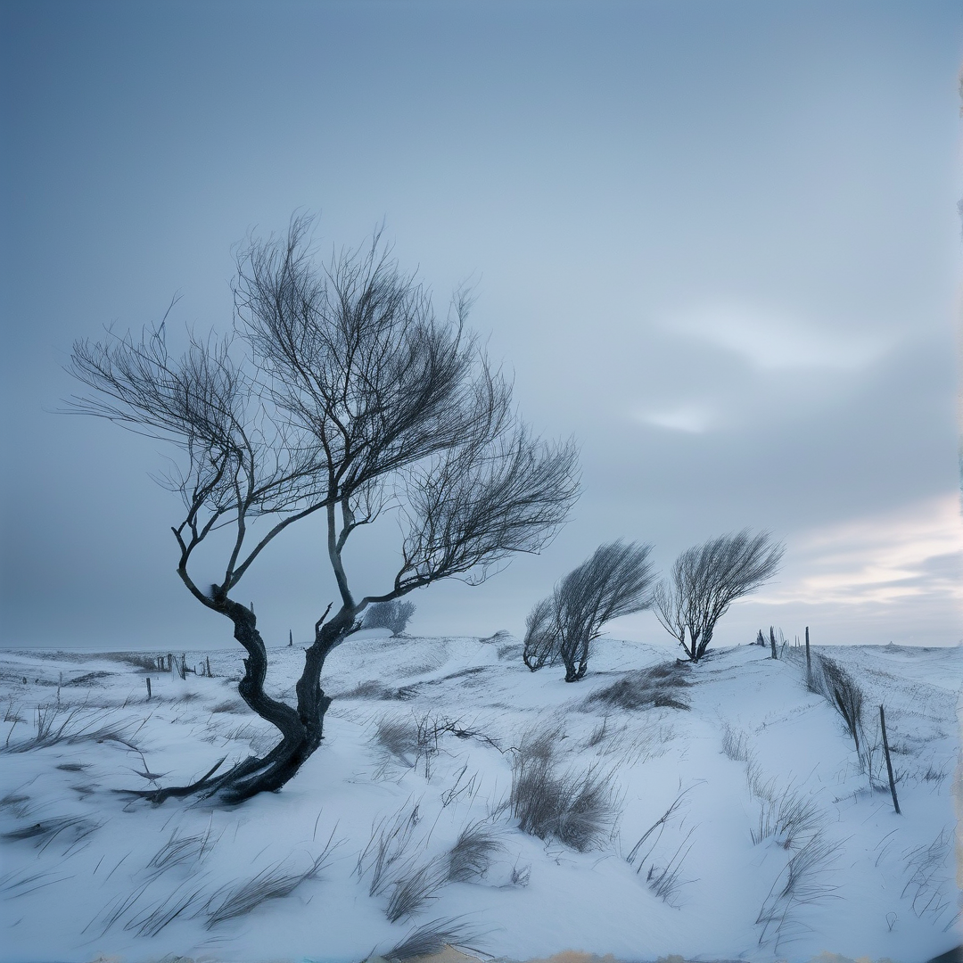 A large bare tree leans right in a snowy field while smaller trees share the wind direction under a pale sky.
