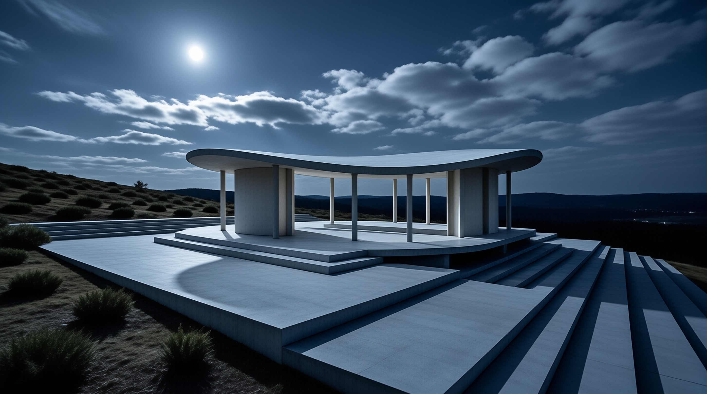 A smooth white pavilion with slender columns and a swooping roof rests on broad steps beneath a bright moon.