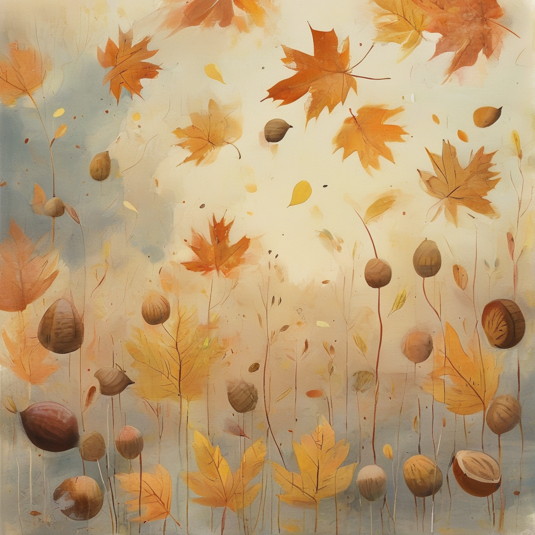 A watercolor painting shows floating maple leaves and various nuts suspended against a pale beige and blue background.