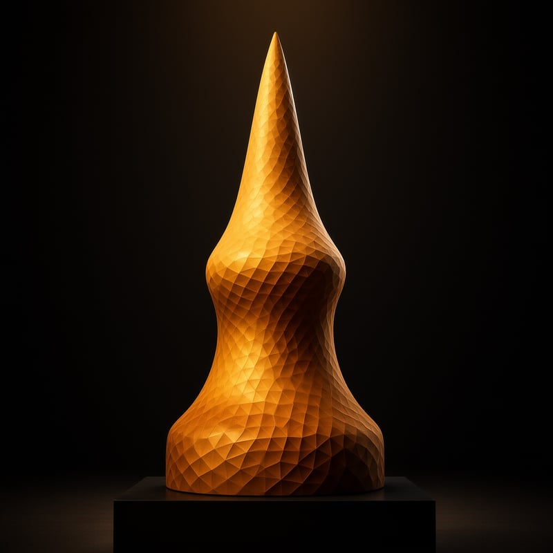 A low-poly amber form twists upward to a sharp point, its faceted surface catching warm light against a black backdrop.