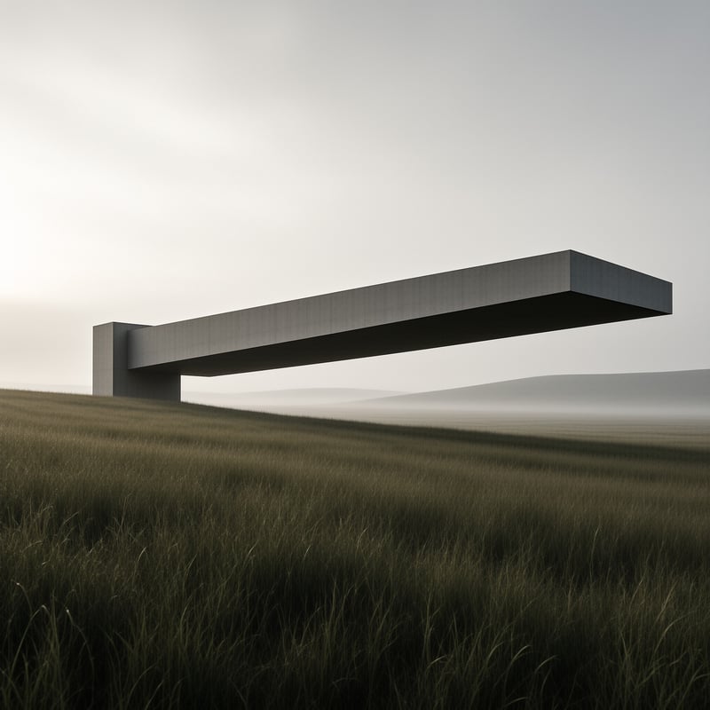 A long grey concrete beam extends over a grassy field under an overcast sky with misty hills in the background.