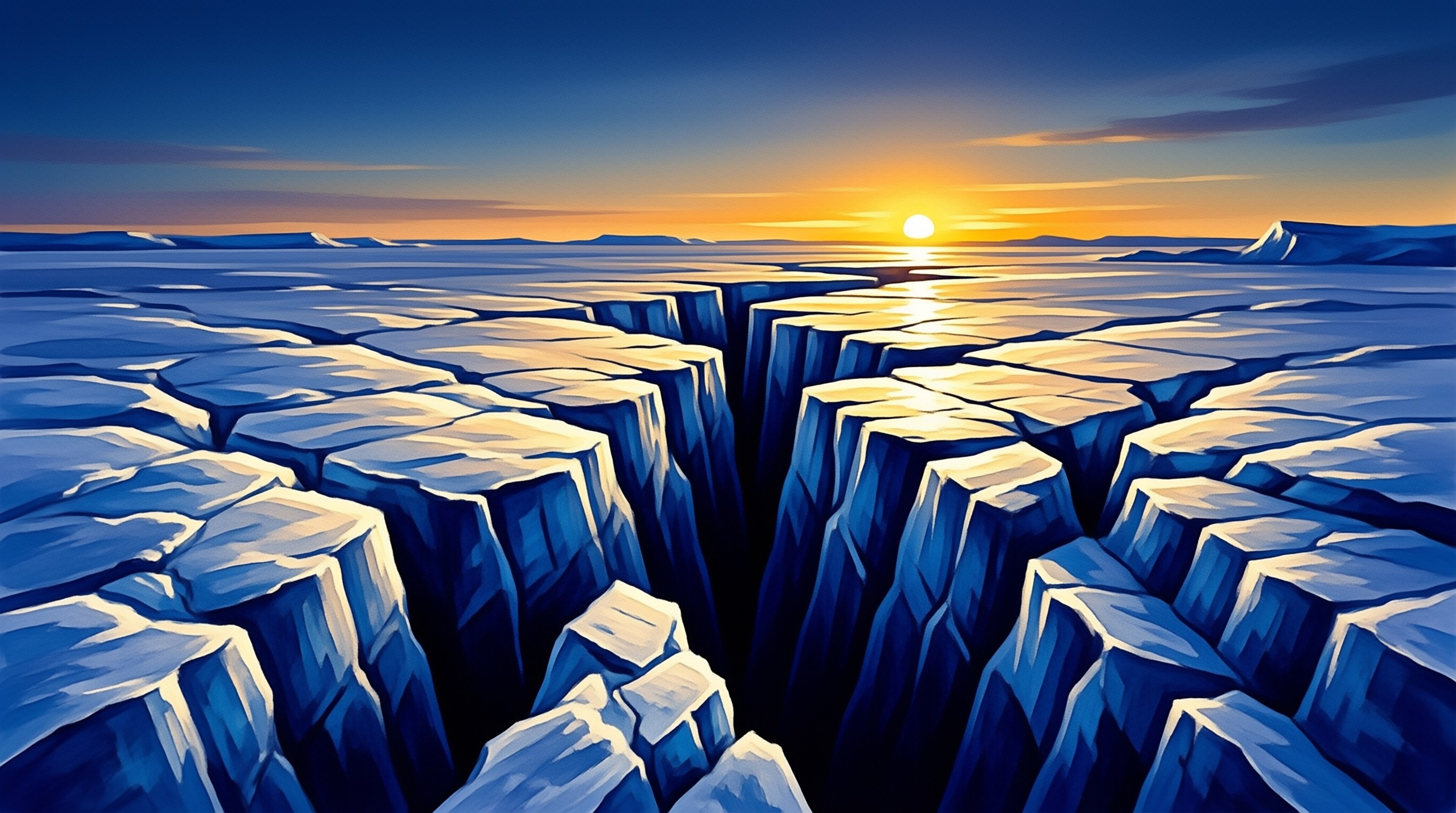 A wide network of deep cracks splits a frozen arctic ice sheet as a warm sunset glows over the far horizon.