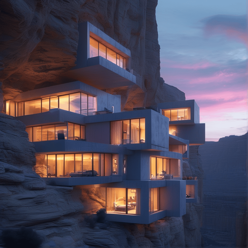 A tiered white residence built into a rocky cliffside glows with warm interior lighting against a pink and blue twilight sky