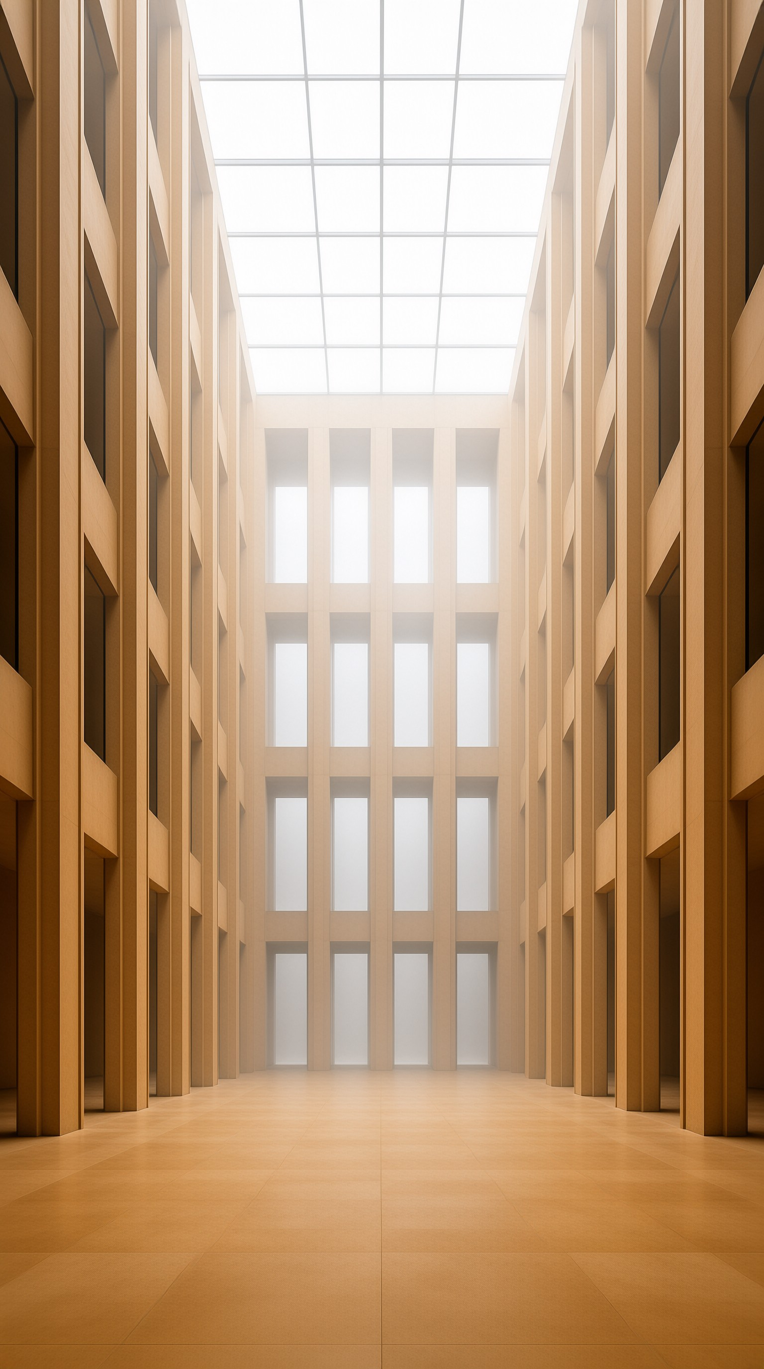 Symmetrical hall interior with tall beige columns, arched side recesses, and a bright grid skylight above.