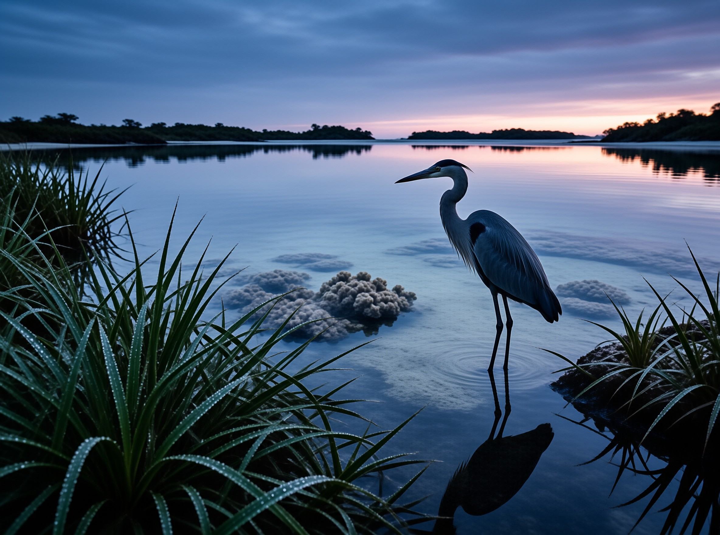 A grey heron stands in the calm blue water of a lake during the soft pink light of the evening twilight