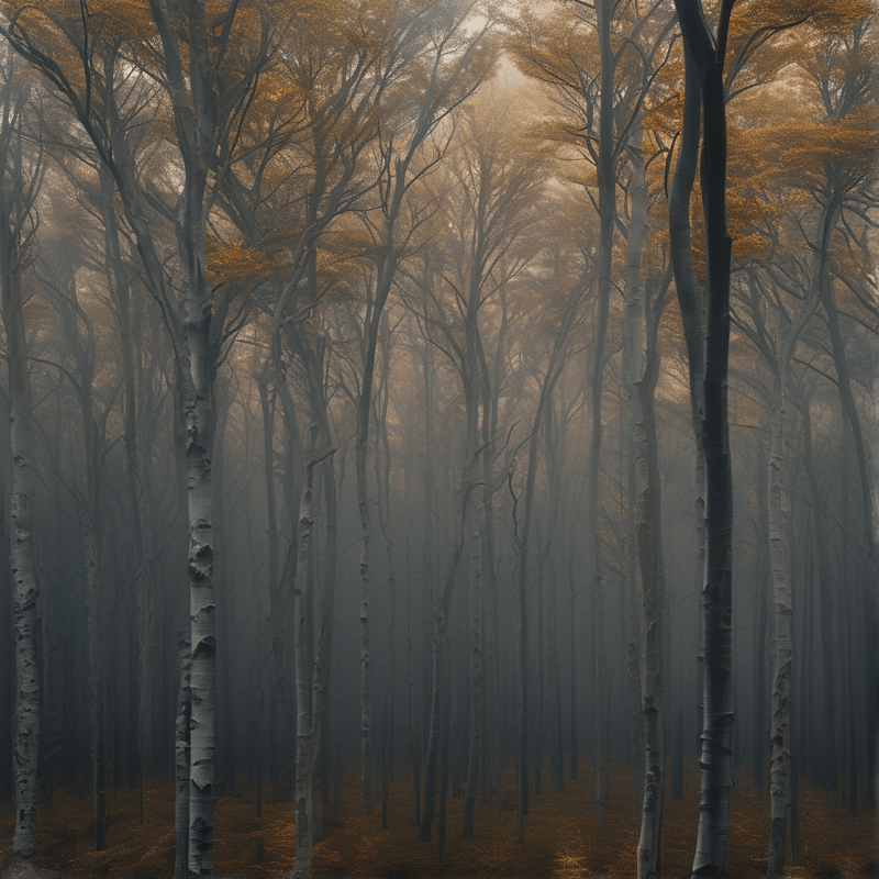 A misty forest scene featuring tall slender tree trunks rising towards a canopy of golden autumn leaves in soft light.