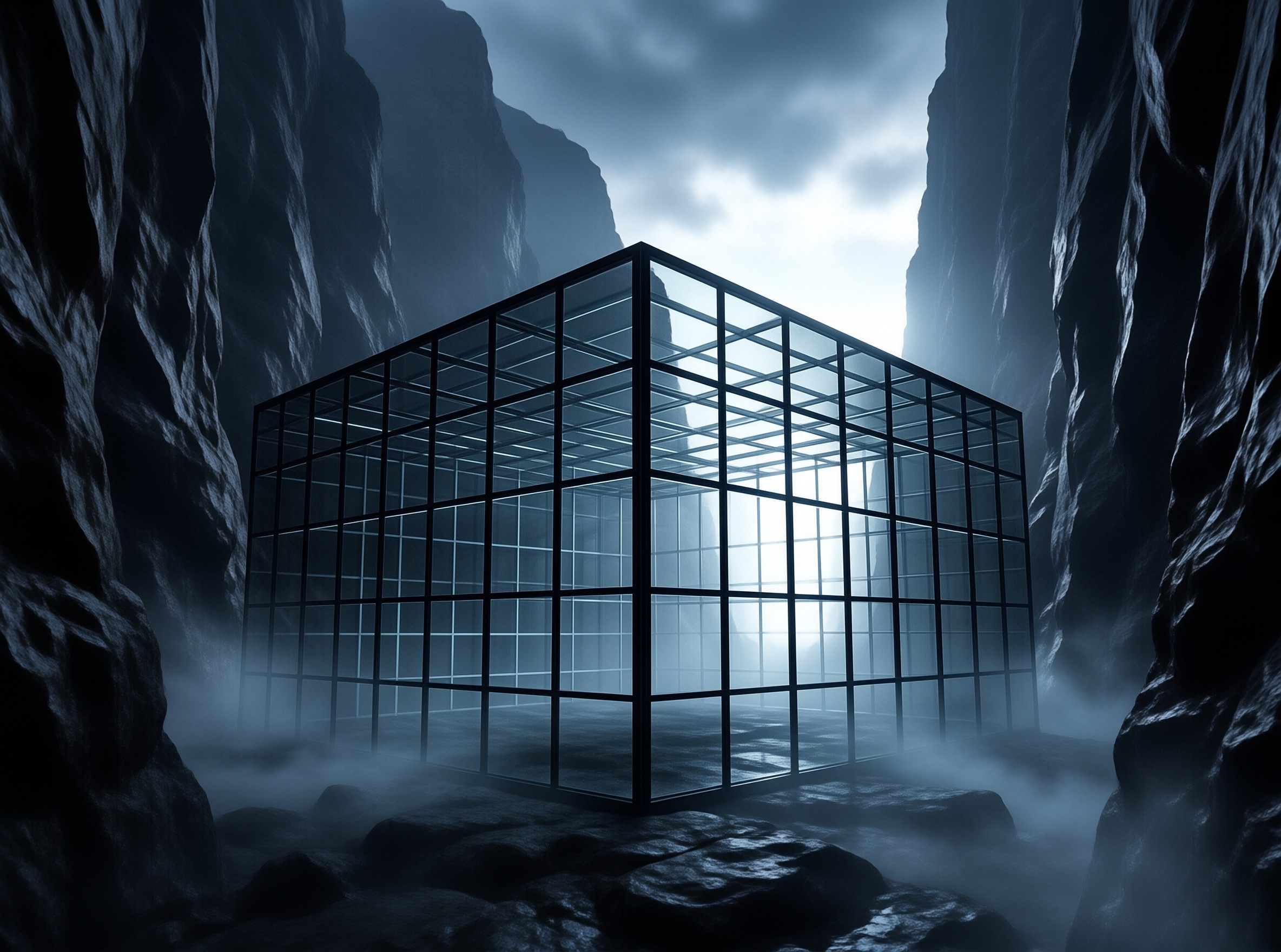 A large transparent geometric structure stands in the middle of a narrow rocky gorge surrounded by low fog and dark cliffs. The interior of the grid box reveals the bright cloudy sky above through its open framework while cool blue tones dominate the scene creating an ethereal atmosphere between the steep mountain wall