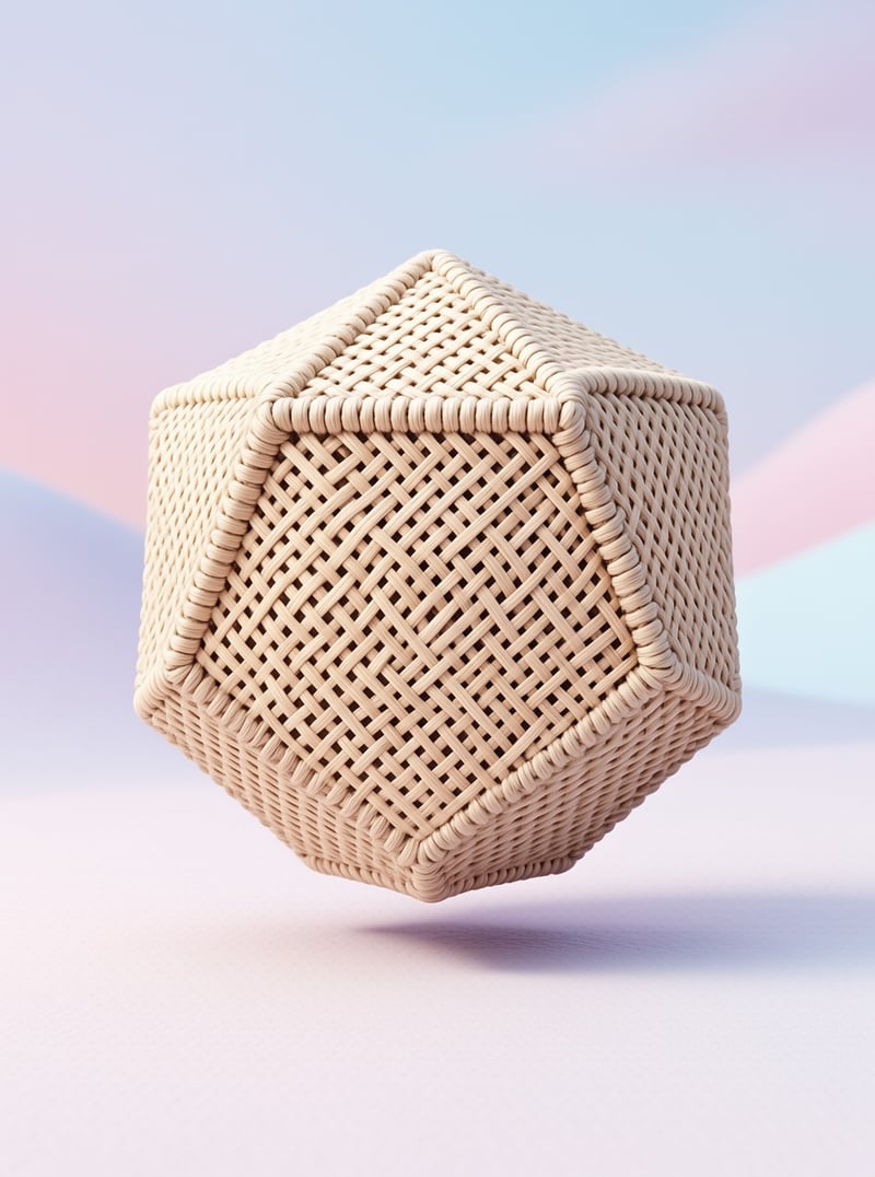 A light beige woven cube hovers against a soft pink and blue pastel backdrop with a faint shadow cast below.