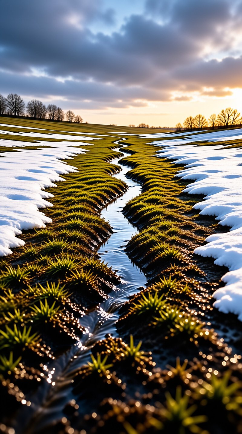 A narrow river winds through lush green grass patches bordered by melting snow under a dramatic cloudy sky with golden sunlight.