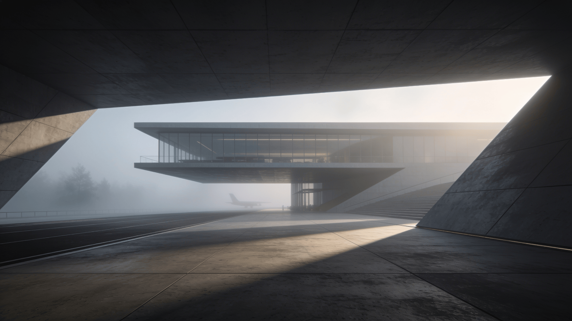 Terminal with Floating Cantilever — Foggy Morning