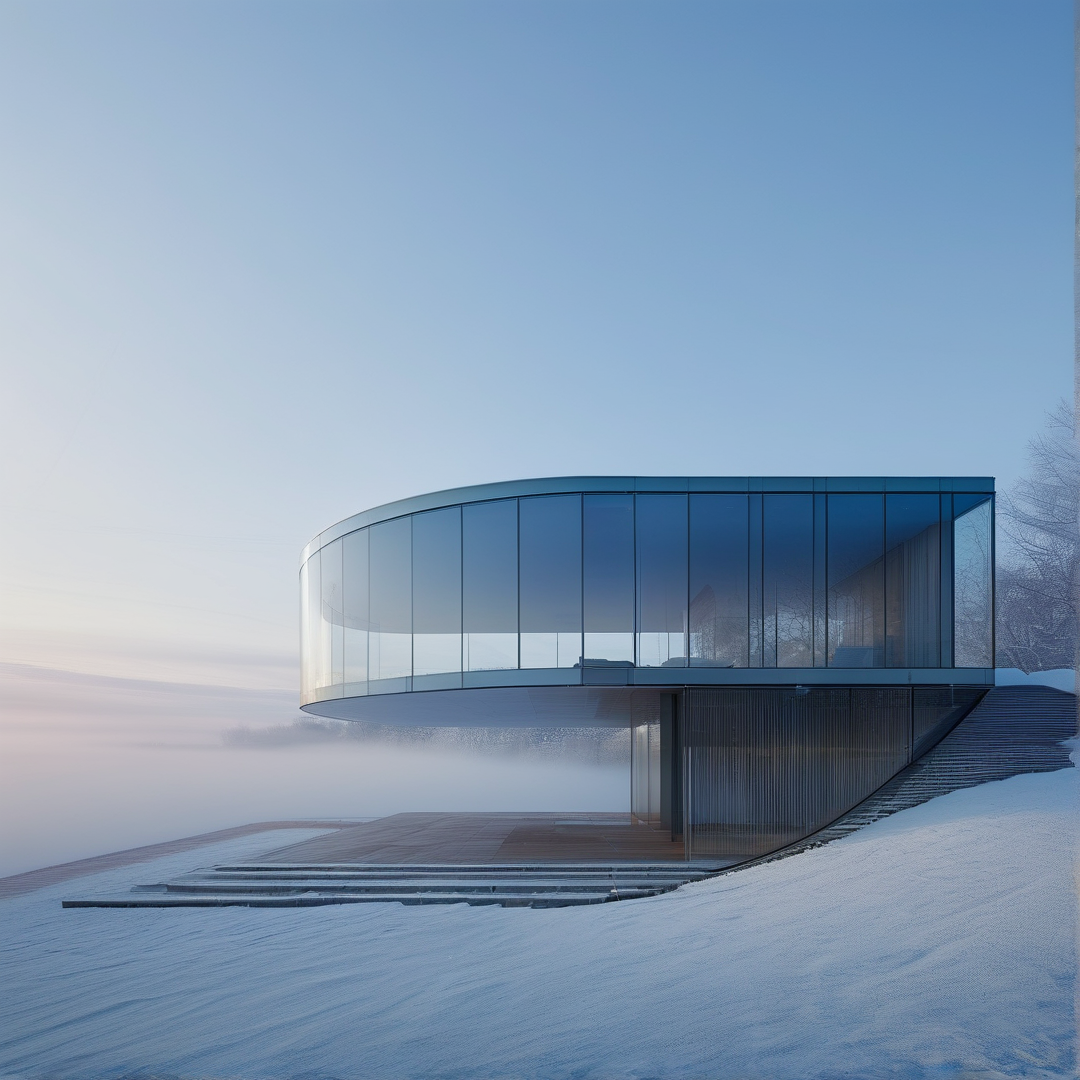 A sleek cylindrical glass structure stands elevated above a snow covered slope with low fog drifting near its base.