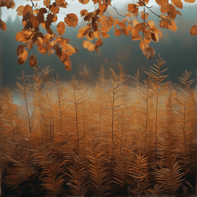 Fine dried fern fronds glow copper in soft light beneath a canopy of orange autumn leaves against a hazy backdrop.