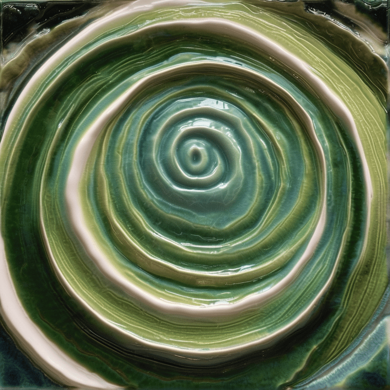 Glossy concentric bands of green and cream surround a dark center on a wet-looking glazed plane.