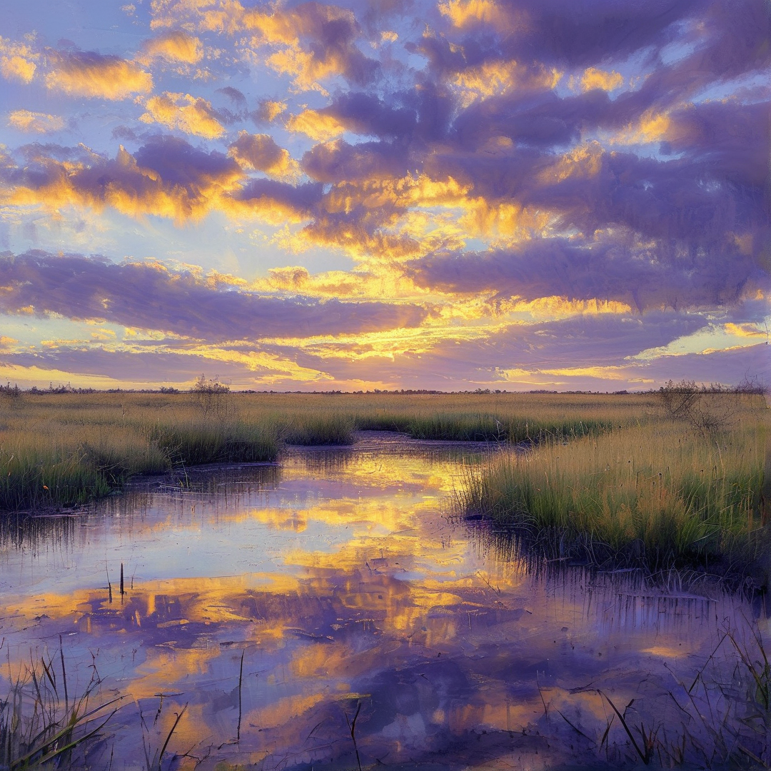 A grassy wetland with still water mirrors the vibrant purple and orange sunset sky above