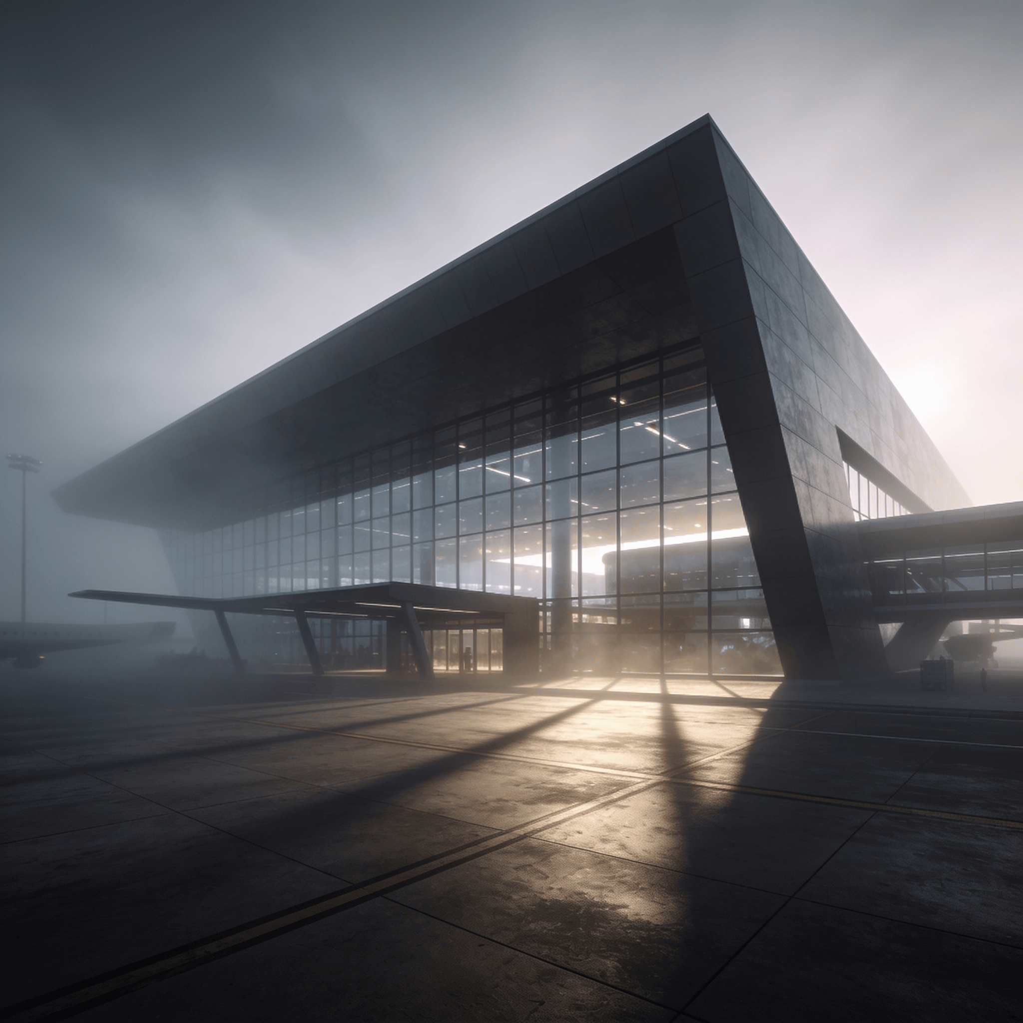 Terminal with Glass Curtain Wall — Foggy Morning