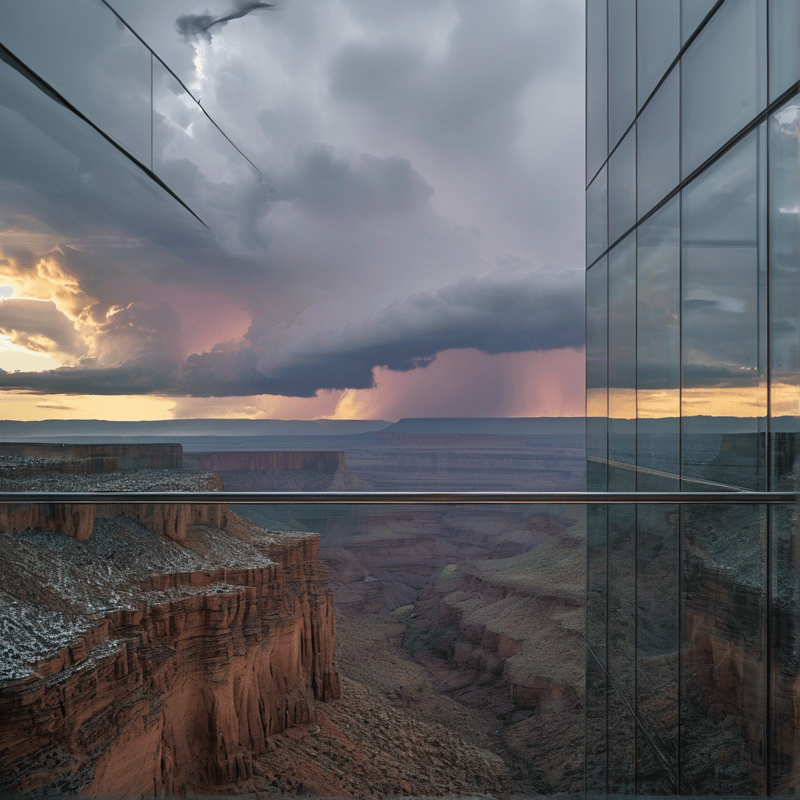 Floor-to-ceiling glass panels mirror a rain-heavy cloud mass rolling across layered red rock cliffs at dusk.