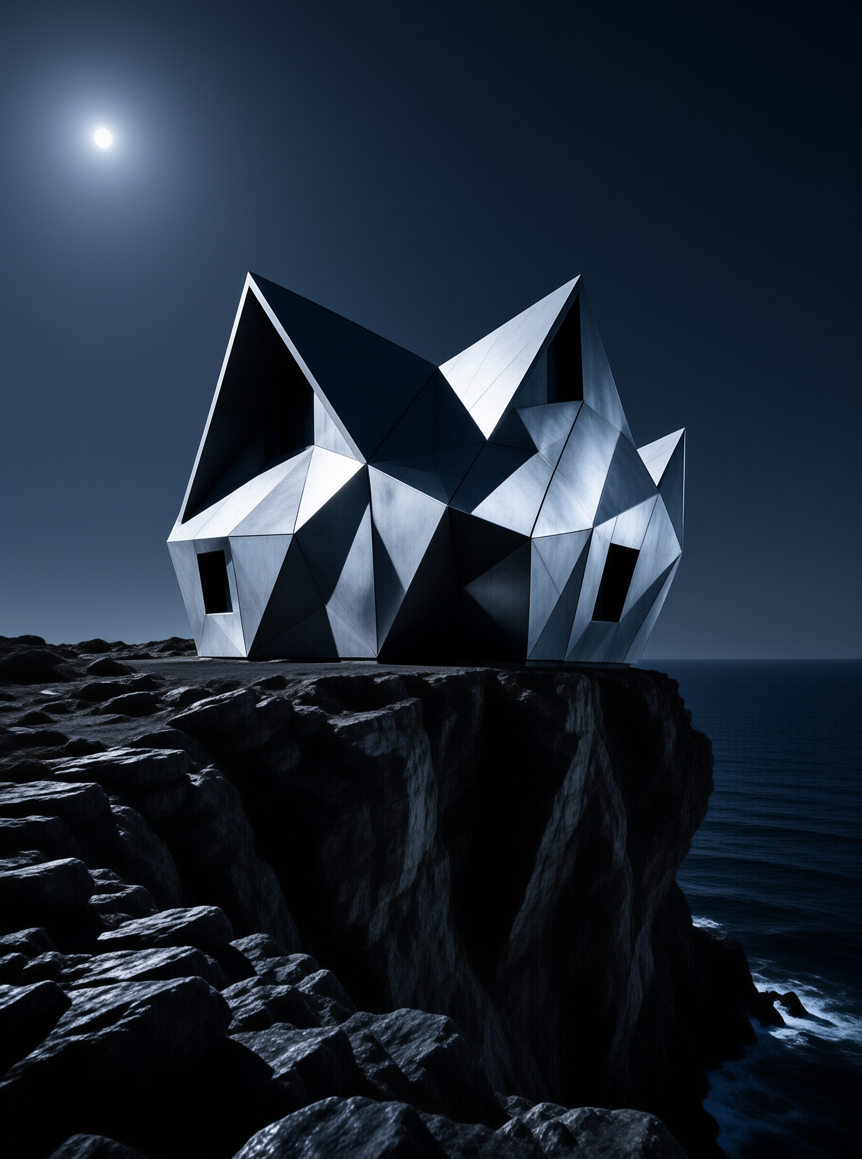 A geometric structure perched on a dark cliff overlooks the sea under a bright moon.