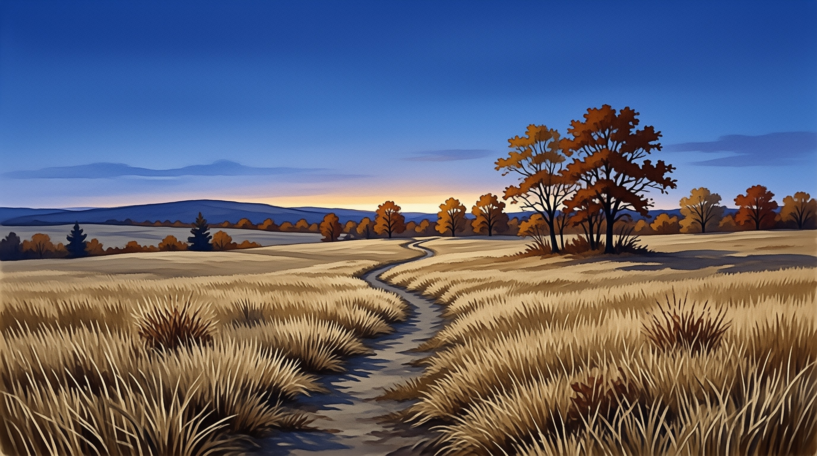 A narrow dirt path curves through golden fall grasses toward low distant hills under a fading blue twilight sky with horizon glow.