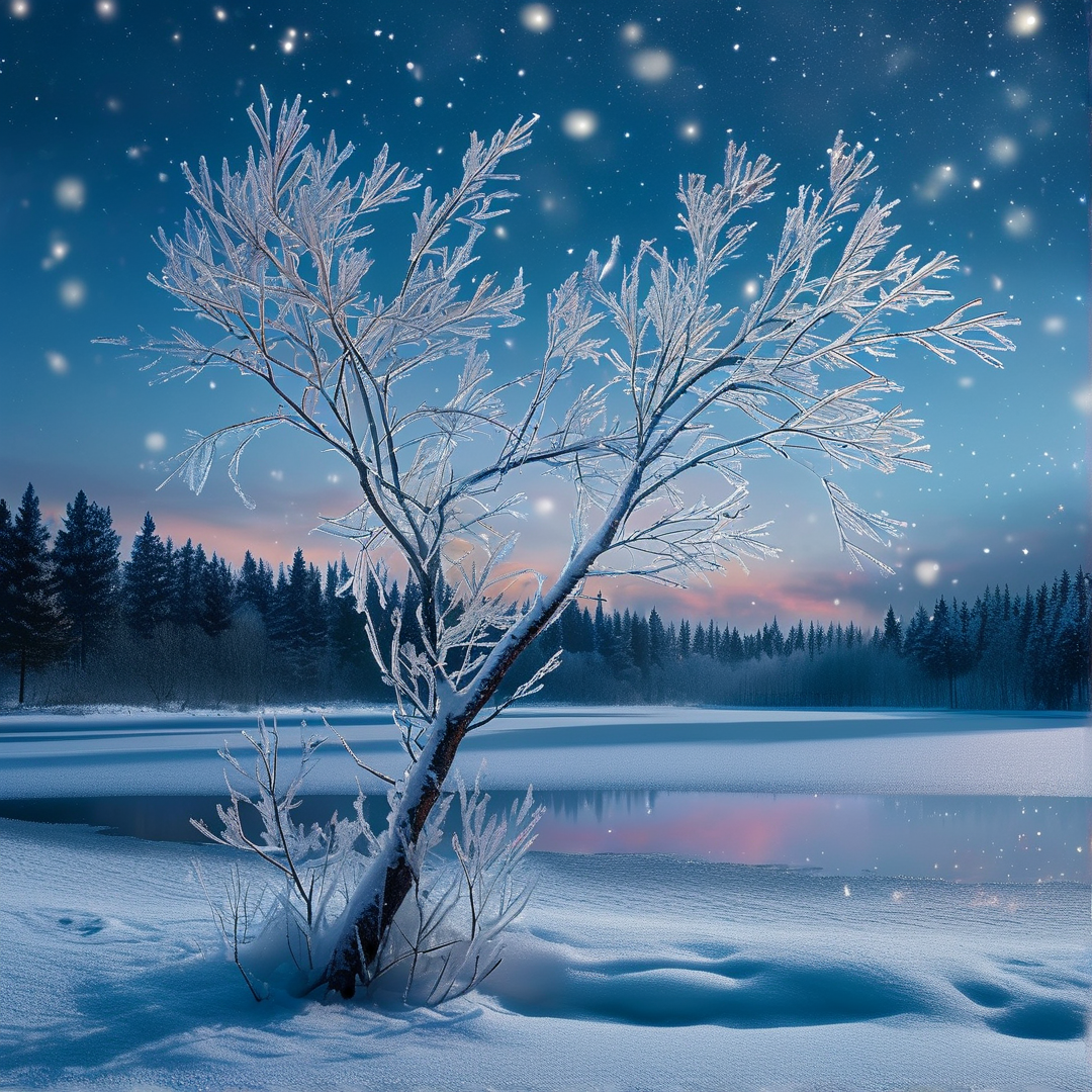 Frosty Tree in Winter Night