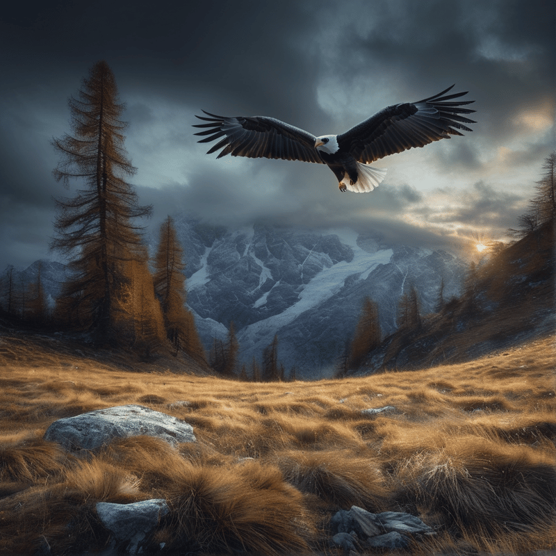 A bald eagle glides through a dramatic sky above golden grasslands and tall pine trees with snow covered mountains behind.