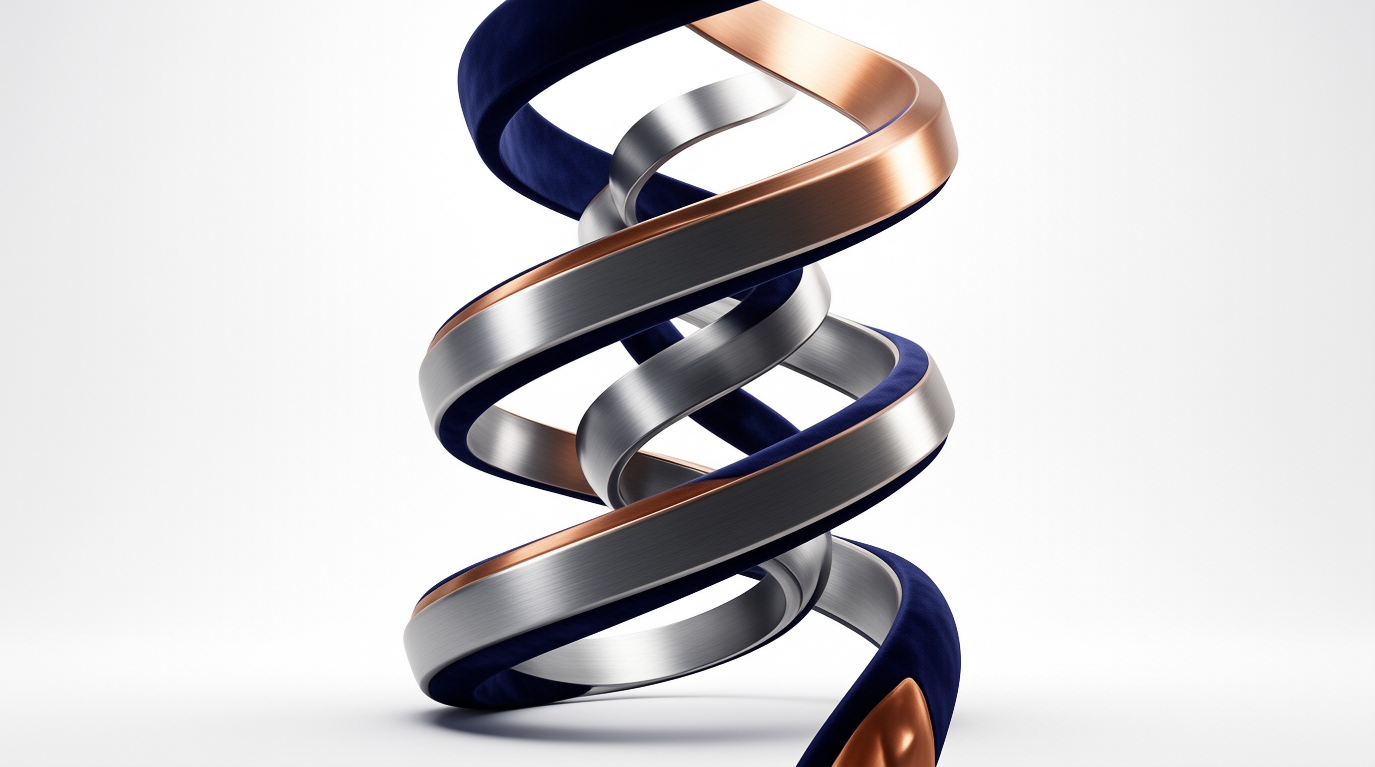 A twisted helix combines brushed silver, copper edges, and deep blue velvet against a plain white background.