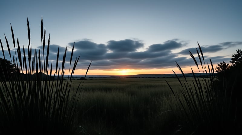 Dark stalks of grass frame a wide open field where the sun sets on the horizon under clouds.