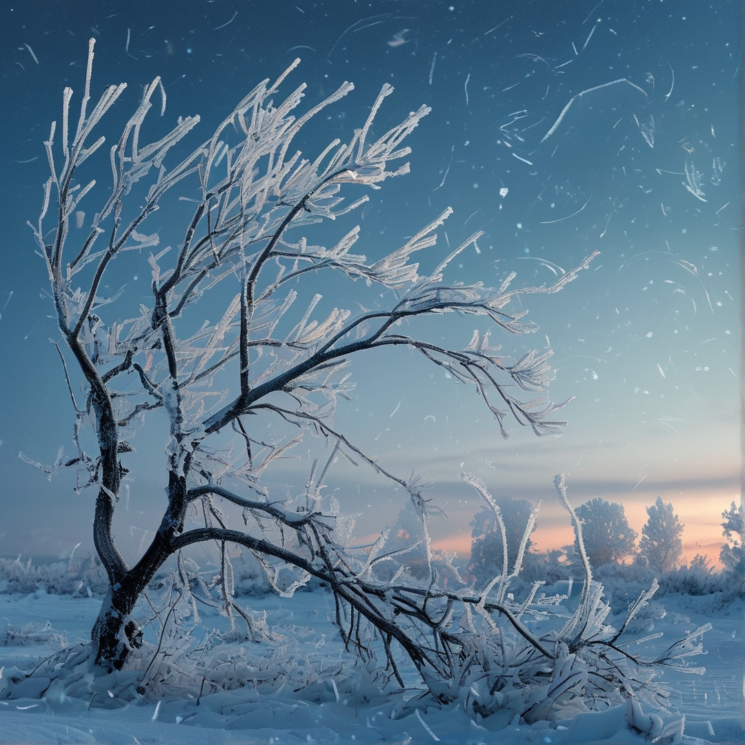 A bare frost covered tree stands in snowfields under cool blue twilight with drifting snow above a distant frosty treeline