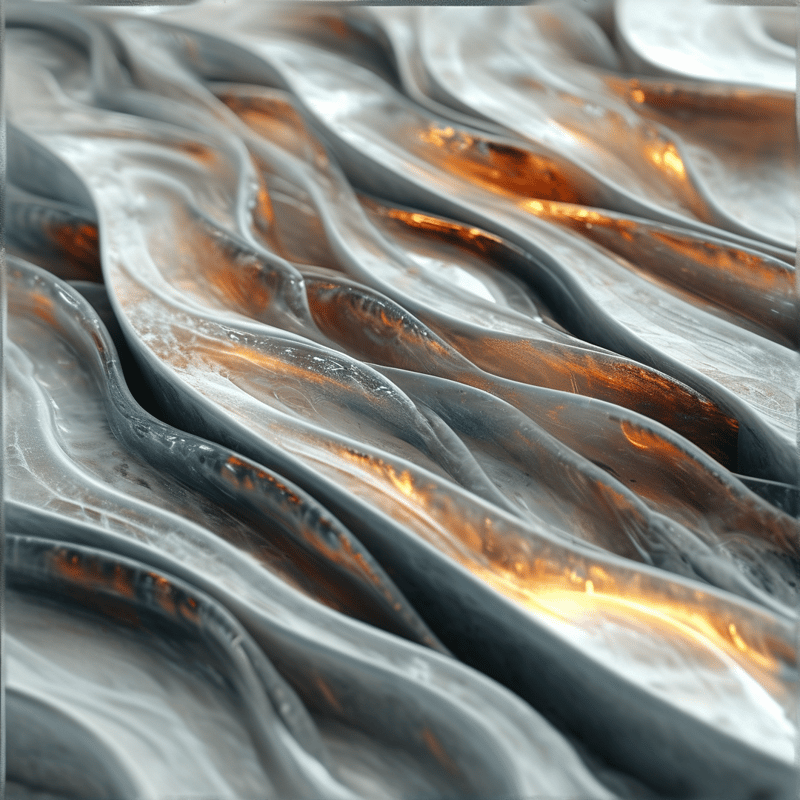 Close-up of undulating silver textures resembling flowing liquid metal with warm orange glows in the crevices.